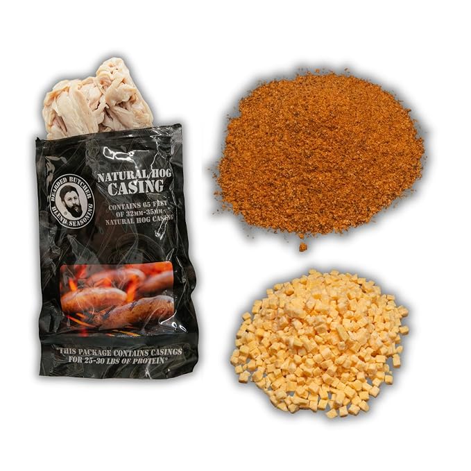Bearded Butchers Chipotle Bratwurst DIY Kit – Smoky & Savory Brats – Includes Chipotle Seasoning, High-Temp Cheddar Cheese & 32mm-35mm Natural Hog Casings for Up to 25 lbs Meat