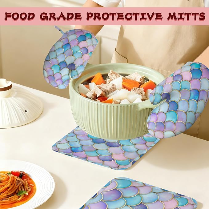 Pink Mermaid Scales Heat-Resistant Silicone Oven Mitts and Pot Holders,Long Oven Gloves with Non-Slip Grip for Cooking, Baking, Grilling,BBQ