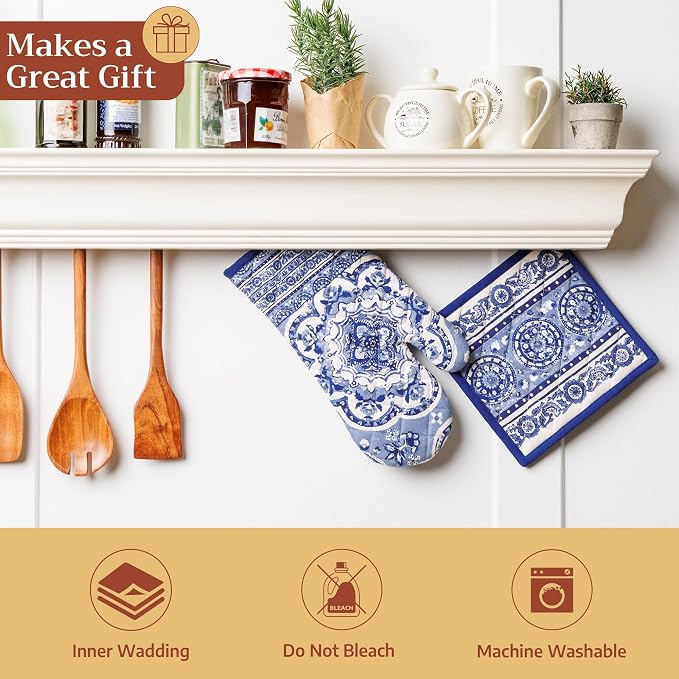Maison d' Hermine 100% Cotton Oven Mitt & Pot Holder Set (7.5"x13" & 8"x8") | Heat Resistant BBQ Cooking Gloves with Loop Baking Grilling Kitchen Hotel Home Farmhouse Spring Summer - Melodie Bleue