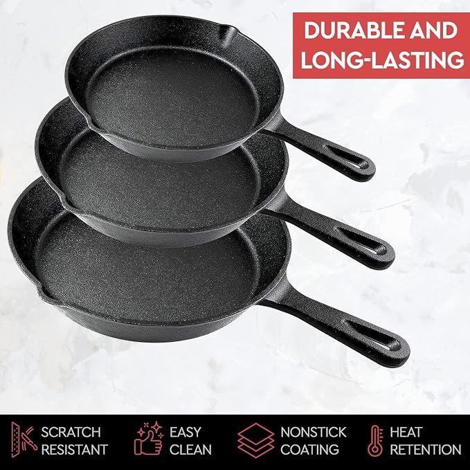 Cast Iron Skillet 3-Piece Set - Heavy-Duty Professional Restaurant Chef Quality Pre-Seasoned Pan Cookware Set - 10", 8", 6.2" - Frying, Saute, Cooking, Pizza & More, Charcoal Grey