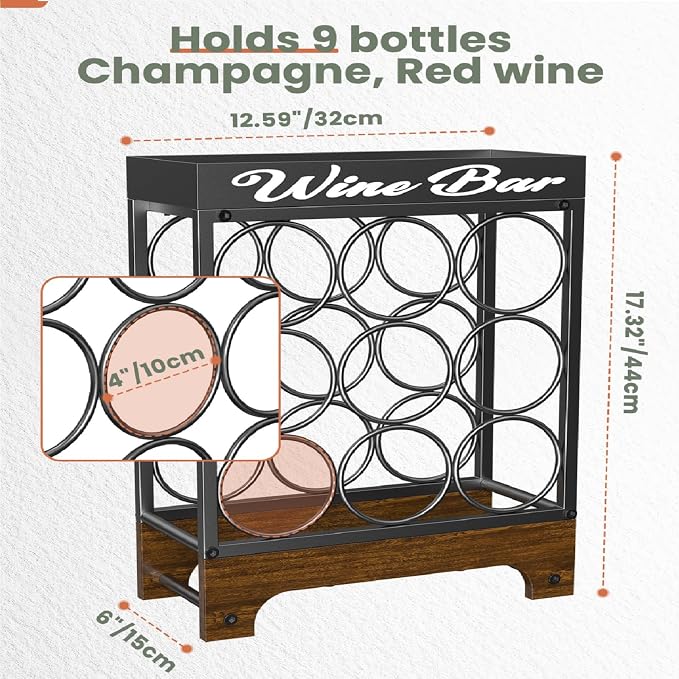 9 Bottles Wine Racks Countertop Freestanding with Top Tray, Modern Black Metal &Wood, 3 Tier Tabletop Wine Holder Stand for Home Kitchen Bar, Cabinet, Pantry, Wine Bottle Storage