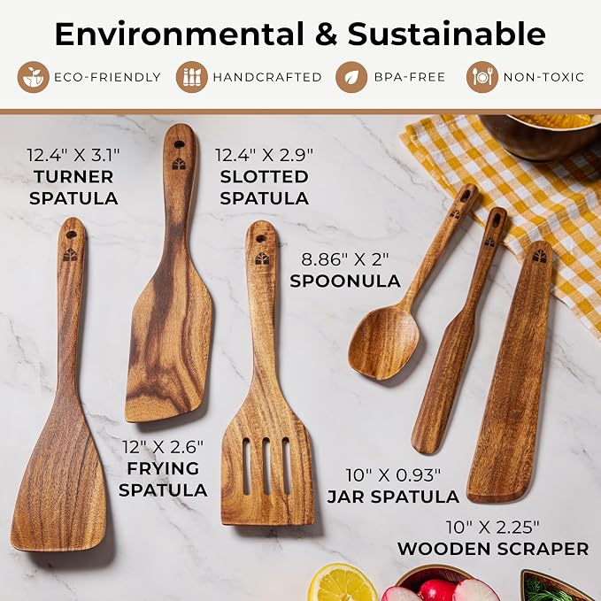 Wooden Spatula for Cooking, Teak Set of 6 for Non-Stick & Cast Iron | Includes Turner, Scraper, Slotted, Frying Tools, Jar Scraper & Spoonula – Scratch-Free, Easy to Clean