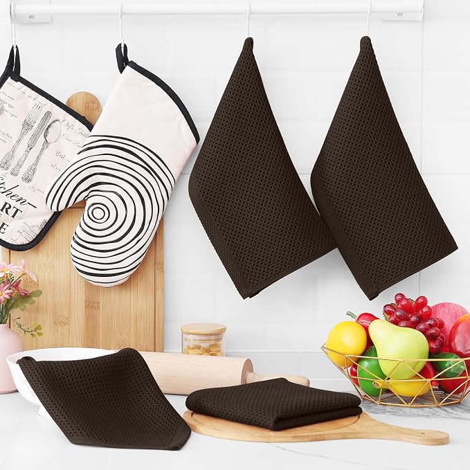 Homaxy 100% Cotton Waffle Weave Kitchen Dish Cloths, 4-Pack, Dark Brown | 12 x 12 Inches, Ultra Soft Absorbent Dish Towels, Quick Drying Dish Rags with Hanging Loop