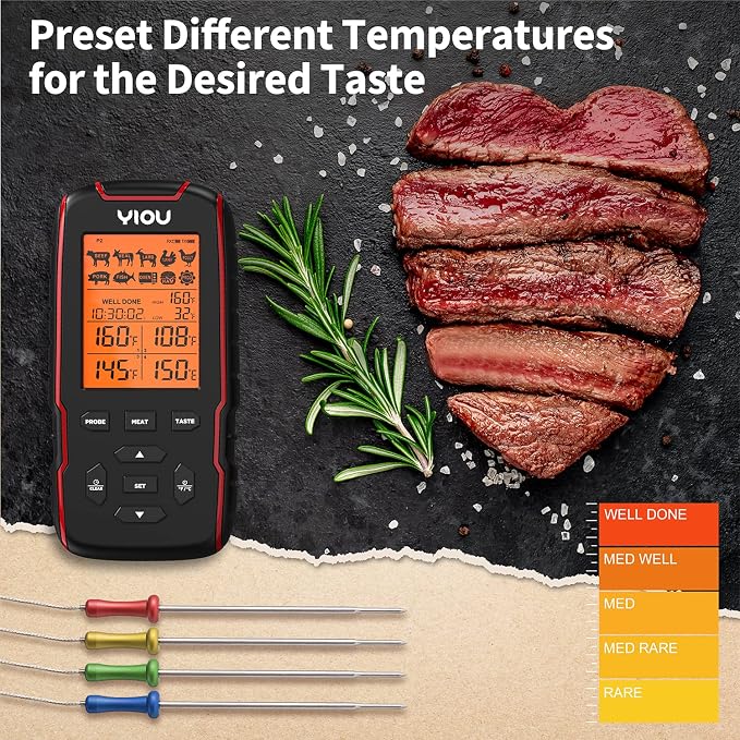 Wireless Meat Thermometer for Cooking, Digital Meat Thermometer with 4 Probes, 500FT Ultra Accurate & Fast Food Thermometer for Oven, Smoker, Red