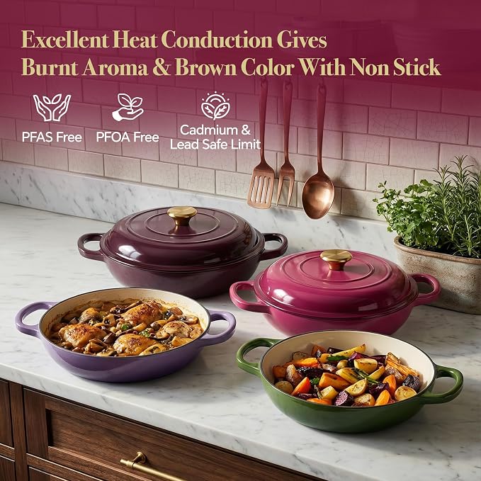 3 Quart Enameled Cast Iron Braiser, Non Stick Enameled Cast Iron Skillet with Lid, Dutch Oven Skillet with lid up to 500°F for Oven, Stove, Grill, Shallow Dutch Oven for Cook, Bake (Rose)
