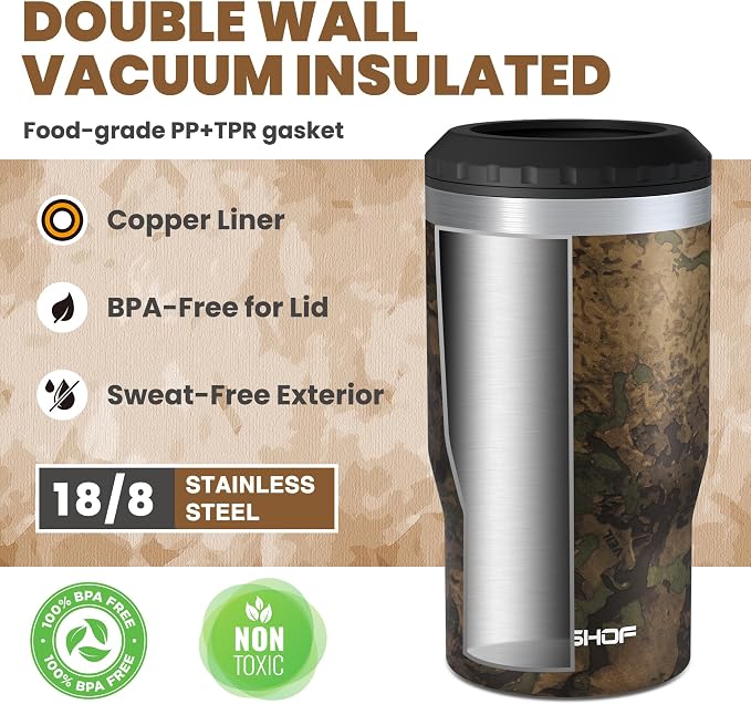 HAUSHOF 4-in-1 Insulated Can Cooler for 12oz Cans & Beer Bottle, Camo Green | Double-Wall Vacuum Insulated, 18/8 Stainless Steel, BPA-Free Lid, Slim Can Cooler for Camping, Beach & Picnic