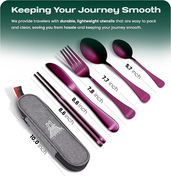 Taplord Portable Travel Silverware Set With Case, Includes 5 Pcs of Travel Utensils With Case, Stainless Steel Flatware Set For Camping, Easy to Travel, Lightweight (Purple), Medium, TL-05P
