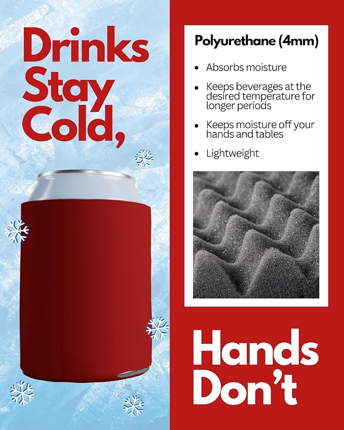 PartyPrints 200 Pack Red Blank Can Cooler Sleeves, Customizable Bulk Insulated Foam for Beer, Collapsible Plain Drink Holder, Cold Soda Insulator, 12oz Regular, 16oz Tall Cans