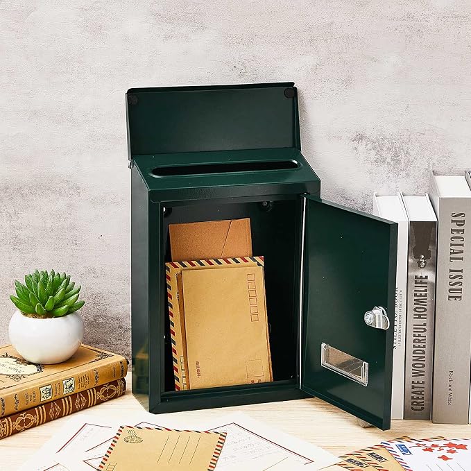 Amylove Weatherproof Mail Boxes with Key Lock, Security Locking Wall Mount Metal Mailbox with Slot for Outside, Large Capacity for Mail, Packages, Donations, Voting 11.8" H x 8.3" L x 2.8" W, Green
