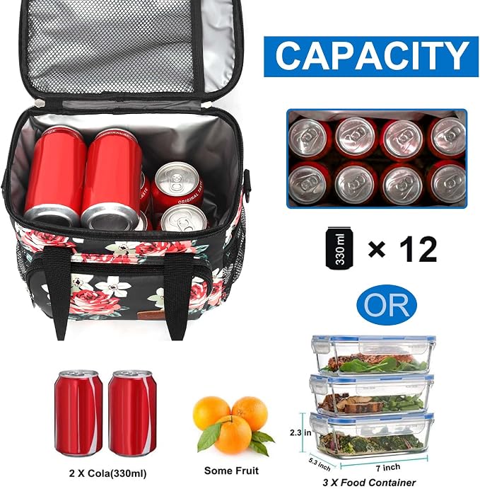 Lunch Bags for Women/Men, Insulated Lunch Bag for Work Office Picnic - Lunch Cooler Bag Leakproof Lunch Box with Adjustable Shoulder Strap - Black Floral