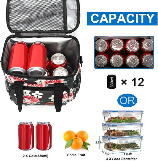 Lunch Bags for Women/Men, Insulated Lunch Bag for Work Office Picnic - Lunch Cooler Bag Leakproof Lunch Box with Adjustable Shoulder Strap - Black Floral
