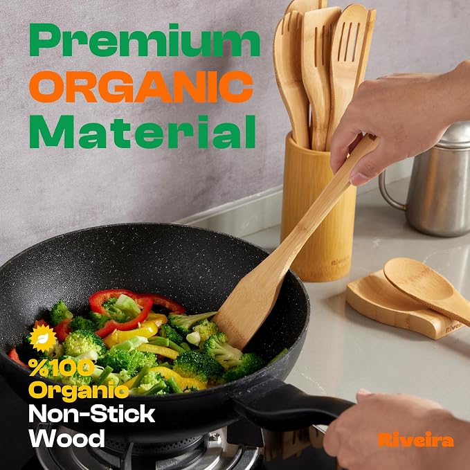 Riveira Bamboo Cooking Spoons 6-Piece – Wooden Cooking Utensils Set with Wooden Spoons for Cooking & Spatulas Wooden Utensil Sets – Premium Kitchen Utensils Set – Durable First Apartment Essentials