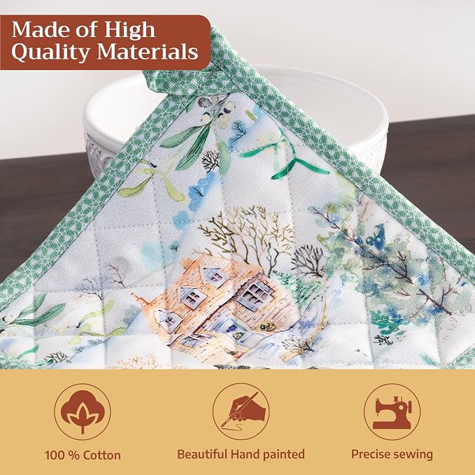 Maison d' Hermine Pot Holders 100% Cotton Potholders (8" x 8", Pack of 2) | Heat Resistant Hot Pads with Loop BBQ Cooking Baking Hotel Kitchen Handling Hot Pans Thanksgiving Christmas - Snowy World