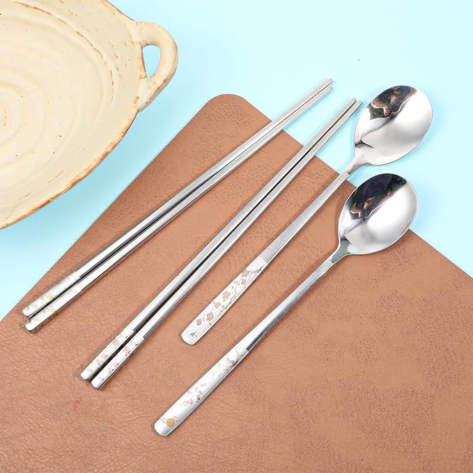 Korean Chopsticks and Spoon Set, Korean Long Handle Stainless Steel KoreanUtensil Sets Dishwasher Safe Metal KoreanDinnerware Set (Set of 2)