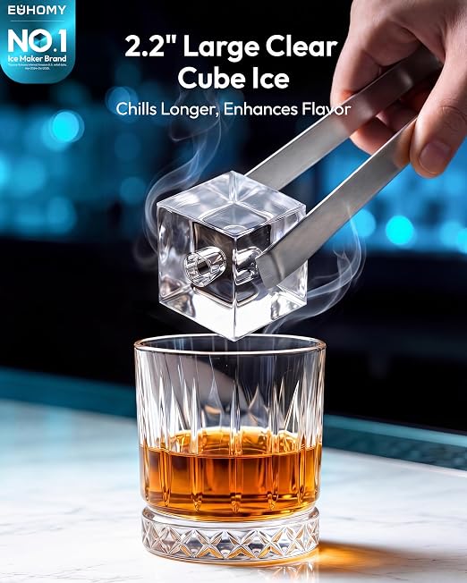 EUHOMY 2.2'' Clear Ice Cube Maker Countertop with APP, 2 Square Ice Ready in 27 Mins for Whiskey, Slow-Melting & Self-Cleaning, 110 Pcs/Day, 24H Timer, Clear Ice Maker with Ice Tong for Home/Bar