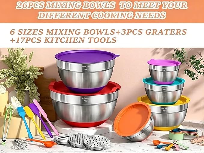 Umite Chef Thickened Heavy-Duty 26pcs Stainless Steel Bowl, Mixing Bowl Set with Lid, Grater Attachment, Colorful Non-Slip Bottom and Kitchen Gadget Set, Sizes 7, 4, 2.5, 2.0, 1.5, 1QT