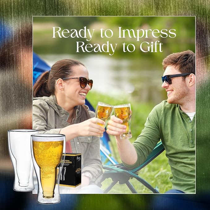Dragon Glassware Upside Down Beer Glasses, 13.5 oz Set of 2 - Clear | Double Wall Insulated Beer Glass Set of 2; Upside Down Design; Holds One Full Bottle; Freezer Safe