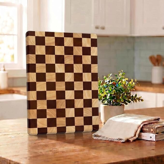 Checkered Cutting Board for Kitchen, 16"L x 11"W x 1"Th – Wooden Chopping, Cheese & Charcuterie Board in Acacia Wood, Butcher Block Serving Tray for Meat, Fruit, Bread & Vegetables | 16" x 11" x 1" Thick | Acacia & Rubber Wood | Cheese & Charcuterie Bo...