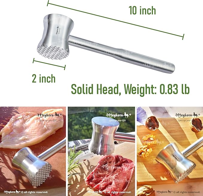 Meat Tenderizer Mallet | 304 Stainless Steel | Dishwasher Safe | Meat Pounder Hammer Flattner Beater | Kitchen Tool for Steak Chicken Poultry Food | Ablandador de Carne Martillo para Carne