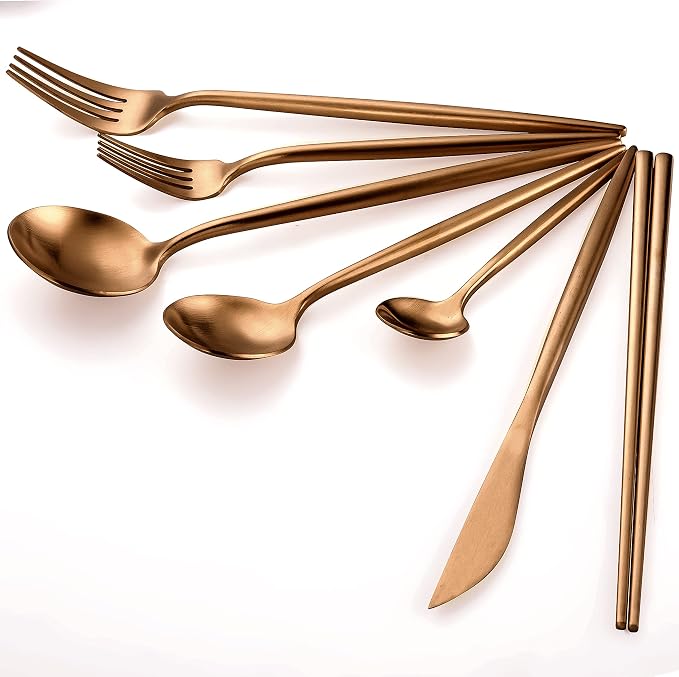 Matte Copper Silverware Set Reusable Chopsticks - KiiZYs 14-piece Stainless Steel Utensils Set Kitchen Accessories - Modern Flatware Spoon Fork Knife - Cutlery Set Gift Box (Matte Copper, 2 Sets)