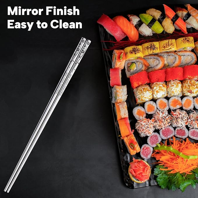 Reusable Metal Chopsticks Stainless Steel 18/8 Laser Engraved Non-Slip Korean Japanese Elegant Gift Box Dishwasher Safe 5 Pairs