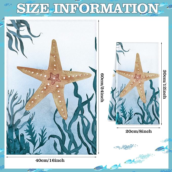 Boyiee 6 Pcs Beach Kitchen Towels Set, Ocean Sea Animal Nautical Tea Towels, 24 x 16 Inches Absorbent Cloth, Coastal Starfish Turtle Jellyfish Hand Dishcloths for Farmhouse Bathroom & Kitchen Decor