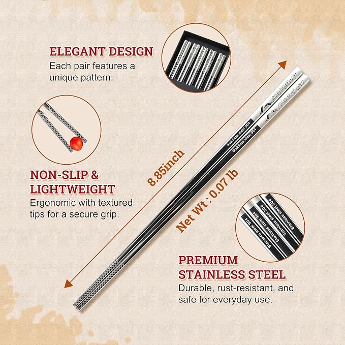 52USA Stainless Steel Chopsticks Reusable Gift Set, 5 Pairs–Lightweight 304 Stainless Steel Metal Chopsticks,Dishwasher Safe, Non-Slip, 9 in/22.9cm,Japanese Korean Chop Stick Ideal for Sushi, Noodles
