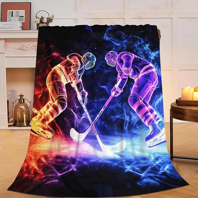 Yibuda Neon Hockey Player Blanket Ice Hockey Flannel Plush Throw Blanket Cozy Sports Fans Decor Fleece Stuff Blanket Gifts for Lover Girls Boys Kids Adults Women Bed Travel 40"x50"