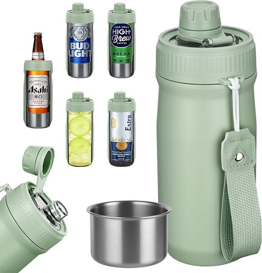 5 In 1 Beer Can Cooler Bottle Holder with Drinking Spout Lid for 12oz Regular, Slim Skinny Cans Bottles,Sealed Insulated Double Wall Vacuum Stainless Steel Can Keeps Your Drinks Cold(Green)