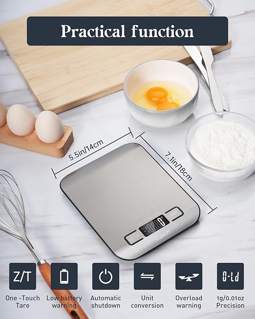 Food Scale, 11lb Digital Kitchen Scale with 6 Units LCD Display and Tare Function,Compact Design for Baking,Healthy Cooking,Meal Prep, 304 Stainless Steel