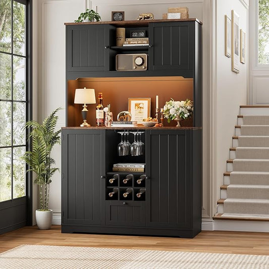 FINETONES 71" Pantry Cabinet with LED Light and Charging Station, Kitchen Pantry Cabinet with Microwave Stand, Kitchen Hutch Food Storage Cabinet with Outlet and Wine Racks, Black