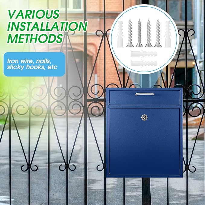 Yaocom Locking Mailbox with Key for Outdoor 12 x 10.5 x 4.7 Inches Large Wall Mount Mail Box with Lock Security Mail Drop Metal Collection Boxes Hanging Secure Postbox(Dark Blue)