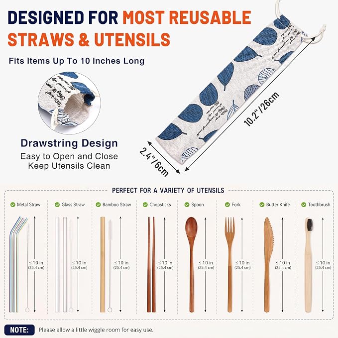 Outus 50 Pcs Straw Carrying Case Chopstick Case, Reusable Utensil Pouch Portable Travel Canvas Bag for Straws, Knife, Fork, Spoon, Chopsticks (Classic Blue Mix)