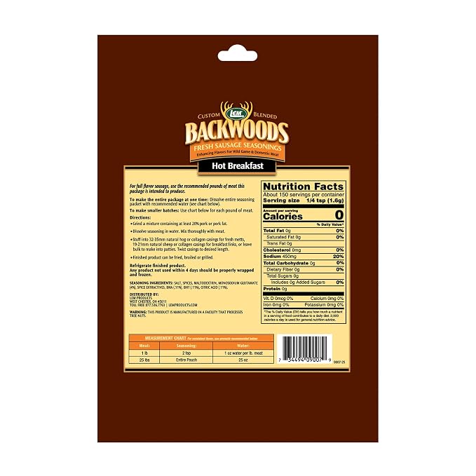 LEM Products Backwoods Hot Breakfast Fresh Sausage Seasoning, 8.3 oz Packet | Pre-Measured Seasoning for Wild Game and Domestic Meat, Seasons Up to 25 Pounds of Meat for Homemade Patties and Sausages