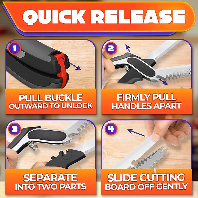 6 in 1 Cutting Board Scissors for Food, Spring-Assist, Non-Slip | Dishwasher Safe Kitchen Scissors with Cutting Board; Built-In Meat Tenderizer and Safety Lock for Meat, Fish and Vegetables