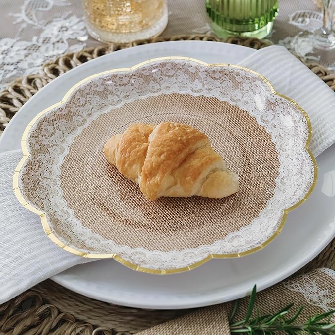 Kate Aspen Burlap & Lace Party Decorations - 62 Piece Rustic Bridal Shower and Wedding Tableware Set for 16 Guests - Disposable Floral Paper Plates and Napkins Party Supplies