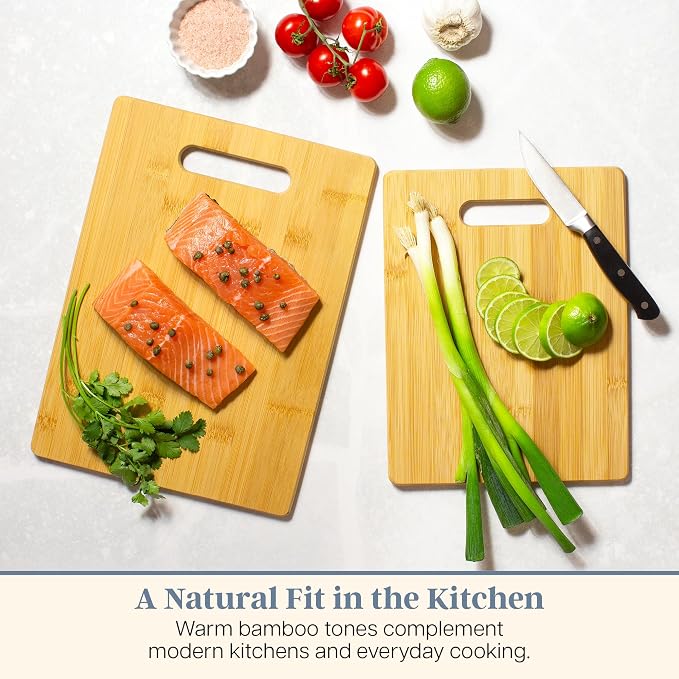 Totally Bamboo Cutting Board Set, 2 Reversible Cutting Boards for Kitchen | Large and medium wood chopping boards. Everyday prep for produce, meat, fish and poultry. Built-in handle holes for storage.