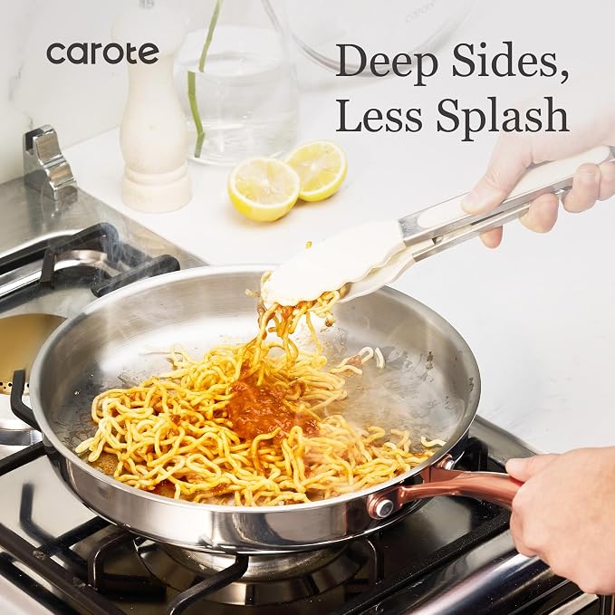 CAROTE 10" Tri-Ply Stainless Steel Frying Pan, Non-Toxic Egg Pan Omelet Pan, Oven Safe, Induction, Ceramic and Gas Cooktops Compatible, Polished Silver