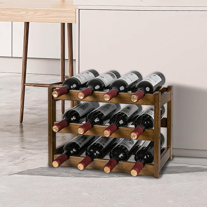 VASMIA Bamboo Wine Rack, Sturdy and Durable Wine Storage Cabinet Shelf, Wine Racks Countertop for Pantry,Kitchen,3-Tier 12 Bottles Wine Rack, Walnut