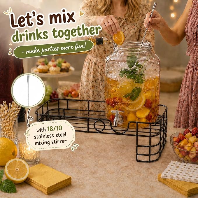 2 Gallon Glass Drink Dispensers for Parties, KIKCOIN 2 Pack Leakproof Beverage Dispenser with Stand & 18/10 Stainless Steel Spigot & Fruit Infuser -for Lemonade, Juice, Punch, Sangria