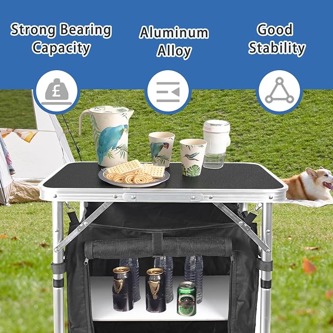 CampLand Folding Cooking Table Outdoor Portable Cook Station Aluminum Camping Kitchen with Storage Organizer, Windscreen, Hooks for BBQ, Party (SamllBlack)