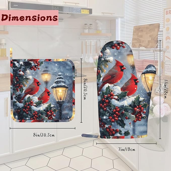 Christmas Berries Heat-Resistant Silicone Oven Mitts and Pot Holder 4 Piece Set,Cardinal Non-Slip Kitchen Oven Gloves for Baking, BBQ, Cooking,Grilling