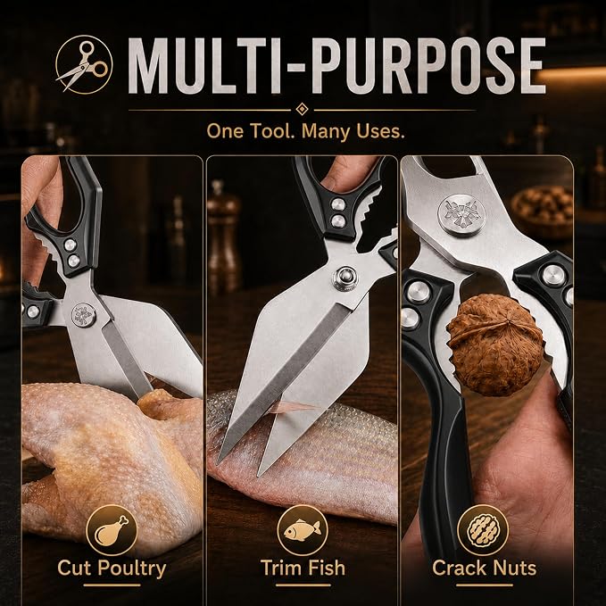 Seattleget Multifunctional Heavy-Duty Kitchen Shears,Chicken Bone Scissors,Japanese Style High Carbon Steel Cooking Scissors,Poultry Shear,Poultry Shear,for Meat,Seafood and Bone Cutting(Black)