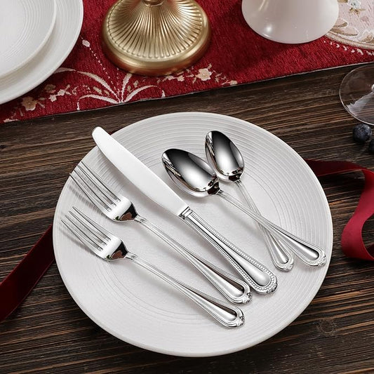 KEAWELL Pearl Edge Premium 45-Piece Refined Bead Silverware Set, 18/10 Stainless Steel, Service for 8, Fine Flatware Set with Serving Utensils, Dishwasher Safe (45, Silver)
