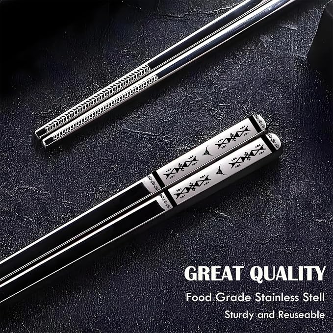 Metal Chopsticks Reusable 5 Pairs 18/8 Stainless Steel,Gift Box Set Silvery | Dishwasher Safe,Non-Slip,Square Lightweight,Boho Style