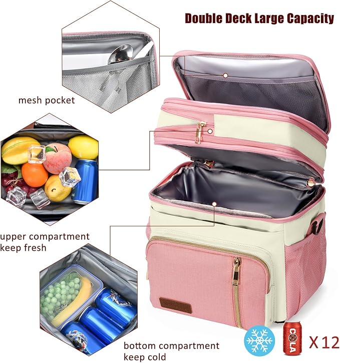 MIYCOO Lunch Bag & Lunch Box for Women Men, Double Deck Leakproof Insulated Soft Large Adult Camping Cooler bag for Work, Beach, Picnic, Travel (Pink White, 15L)