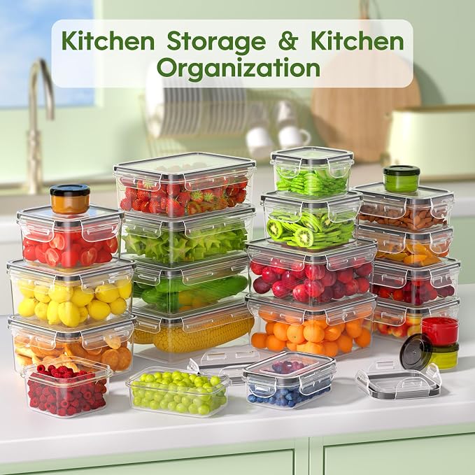 KEMETHY 44-Piece Food Storage Containers with Lids(22 Containers & 22 Lids), Plastic Food Containers for Pantry & Kitchen Storage and Organization, BPA-Free, Leak Proof, Reusable with Labels & Pen