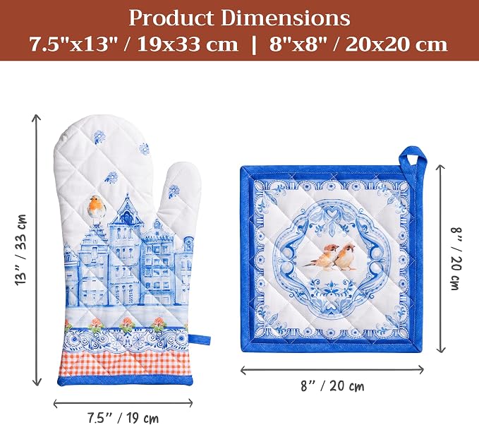 Maison d' Hermine 100% Cotton Oven Mitt & Pot Holder Set (7.5"x13" & 8"x8") | Heat Resistant BBQ Cooking Gloves with Loop Baking Grilling Kitchen Hotel Home Farmhouse Spring Summer - Amsterdam Canals