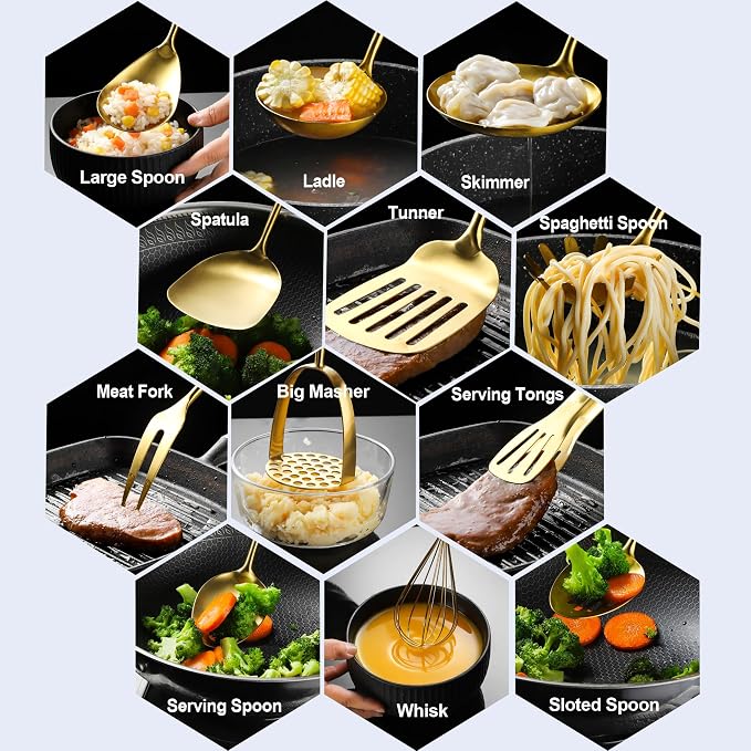 Gold Kitchen Cooking Utensils Set 13 PCS Stainless Steel 12-13.7" | Food-grade 304, Dishwasher Safe,Rust-proof, Made To Last,Easy To Store,Good Choice for Presents