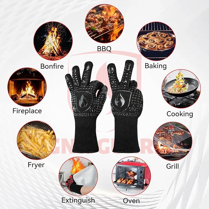 BBQ & Grill Gloves, Oven Gloves, 1472°F Silicone Oven Mitts Heat Resistant Grilling Gloves Fireproof Non-Slip for Barbecue Cooking Baking Smoking, 1-Pair Black（M）